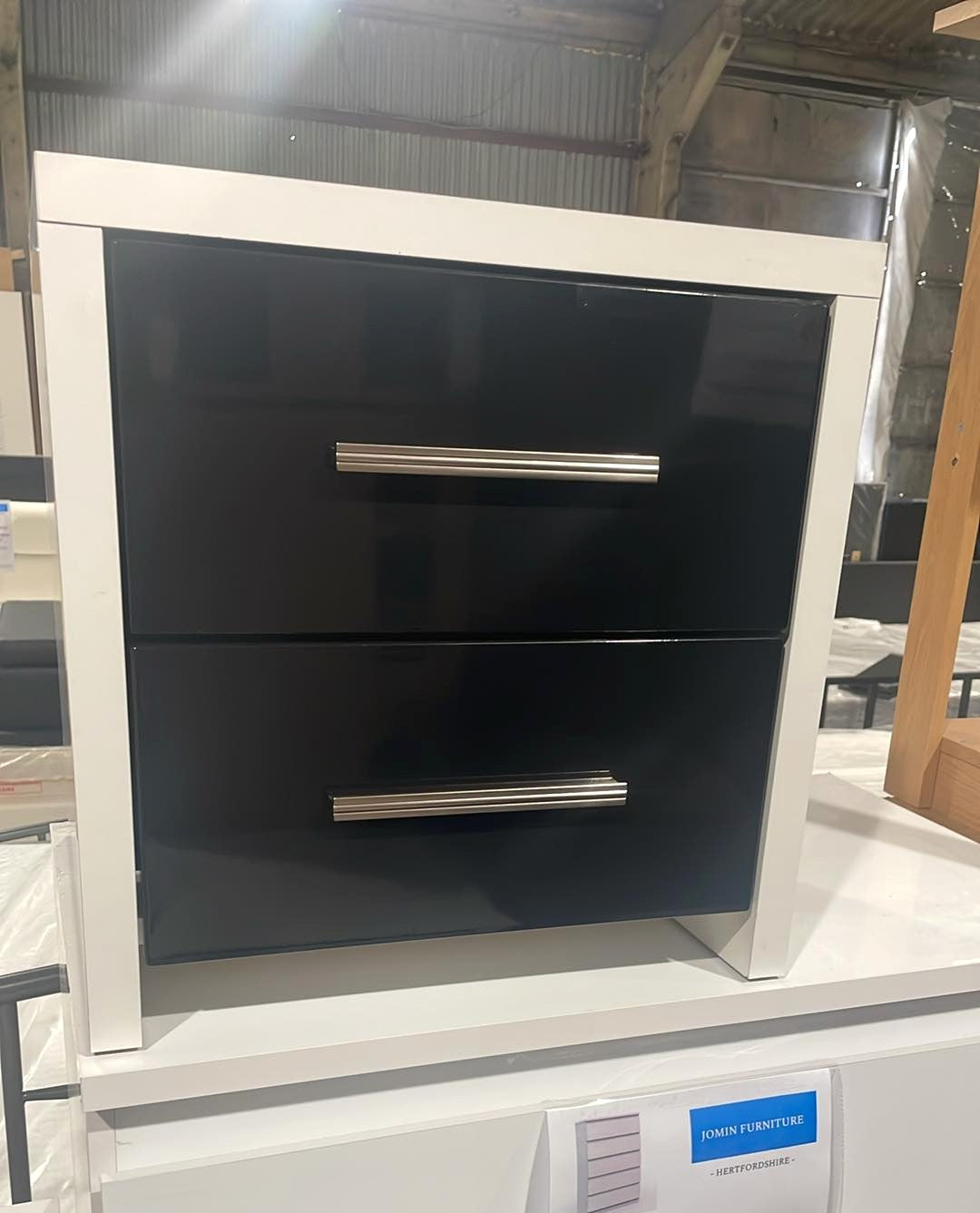 Assembled Broadway 2 Drawer Bedside Table - Black Gloss & White