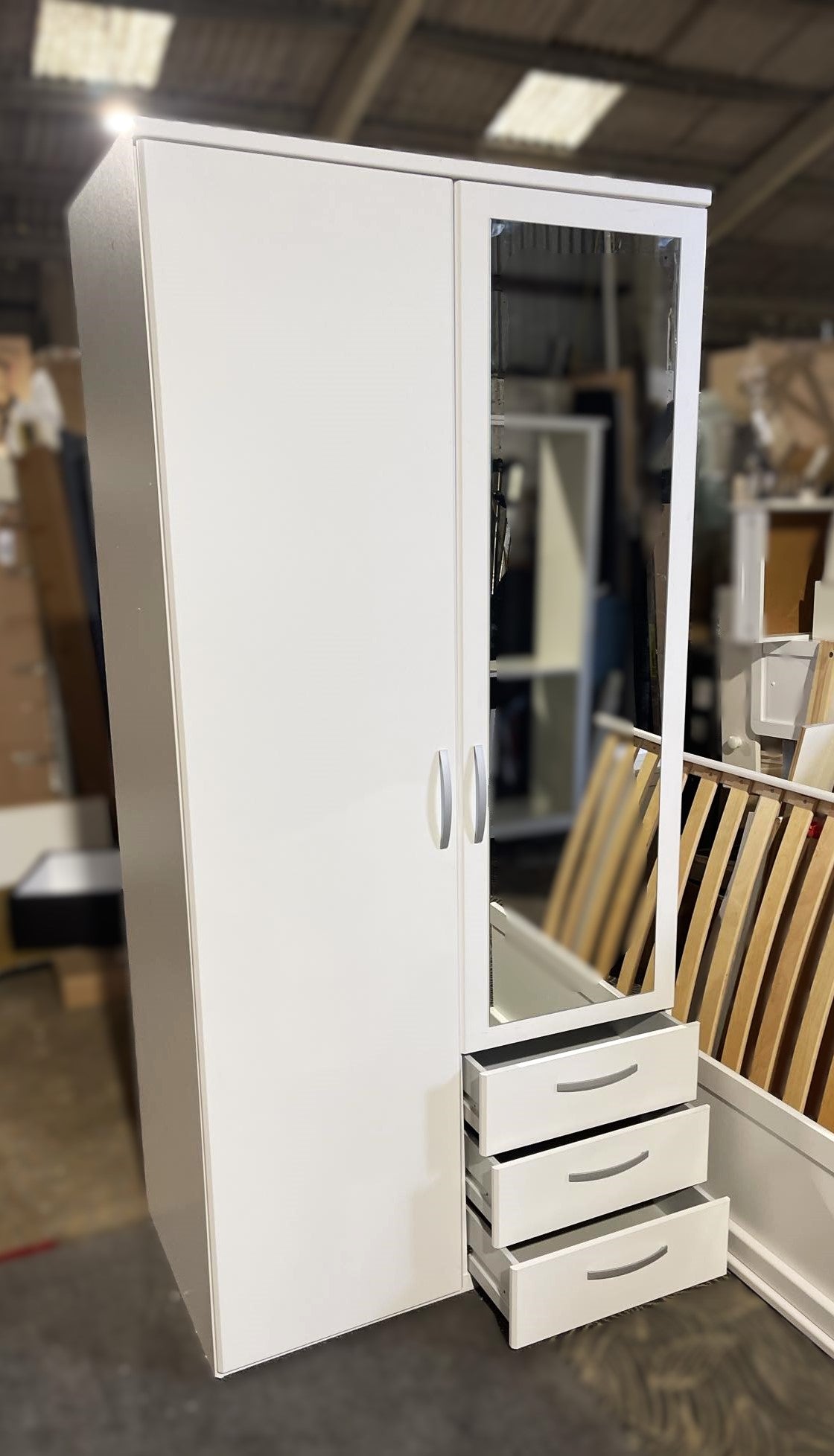 Assembled Hallingford 2 Door 3 Drawer Mirror Wardrobe - White