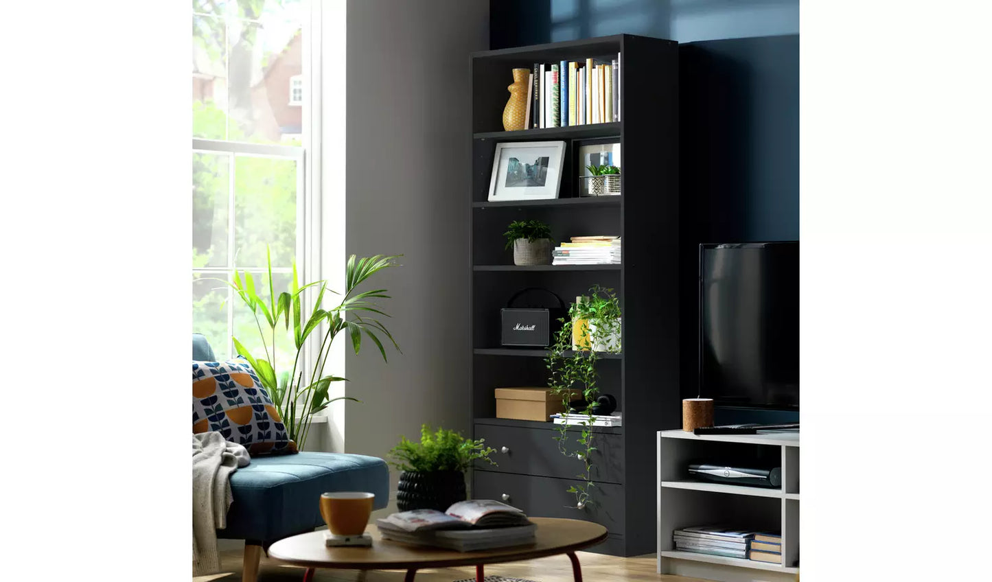 Assembled Maine 2 Drawer Bookcase - Black Ash Effect