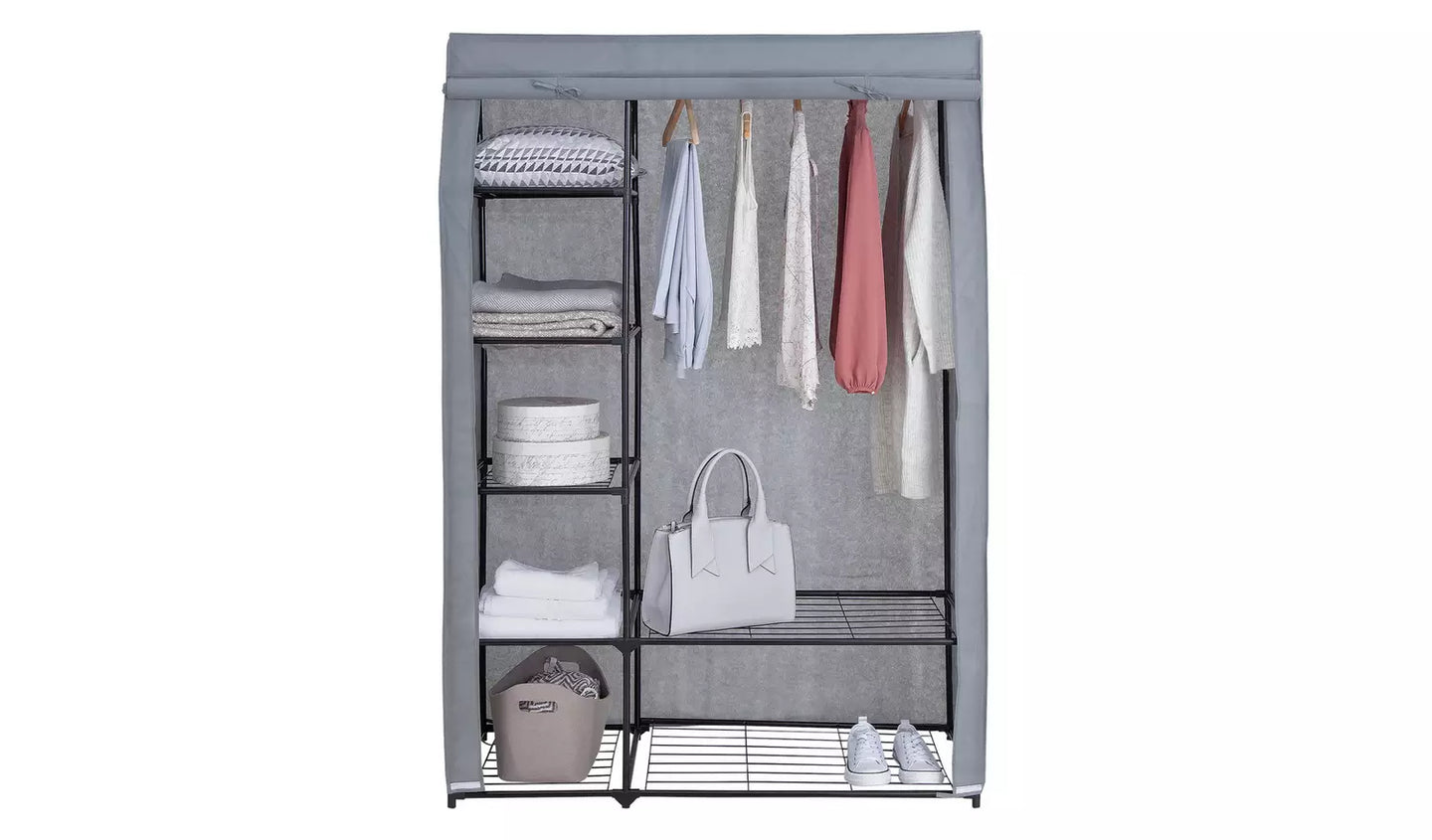 Covered Double Wardrobe with Storage - Grey