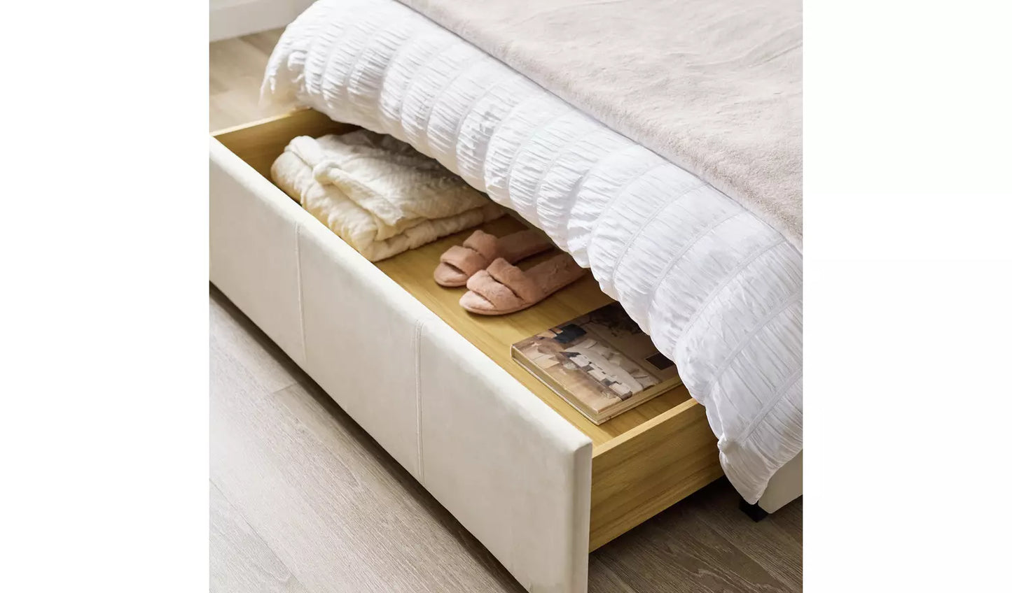 Pandora Small Double Drawer Storage Bed - Cream (open)
