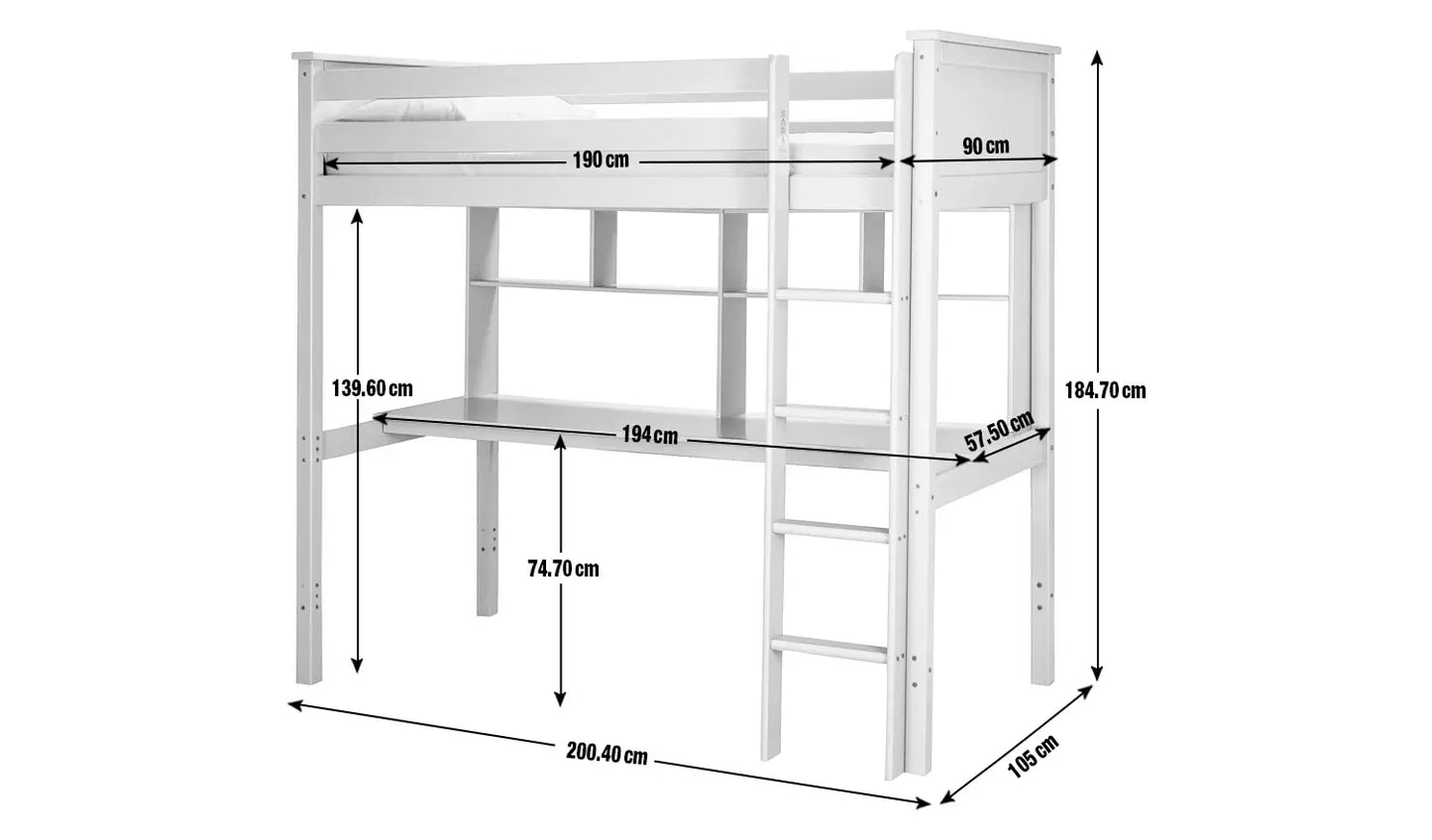 Habitat Brooklyn High Sleeper Bed, Desk & Shelves-White