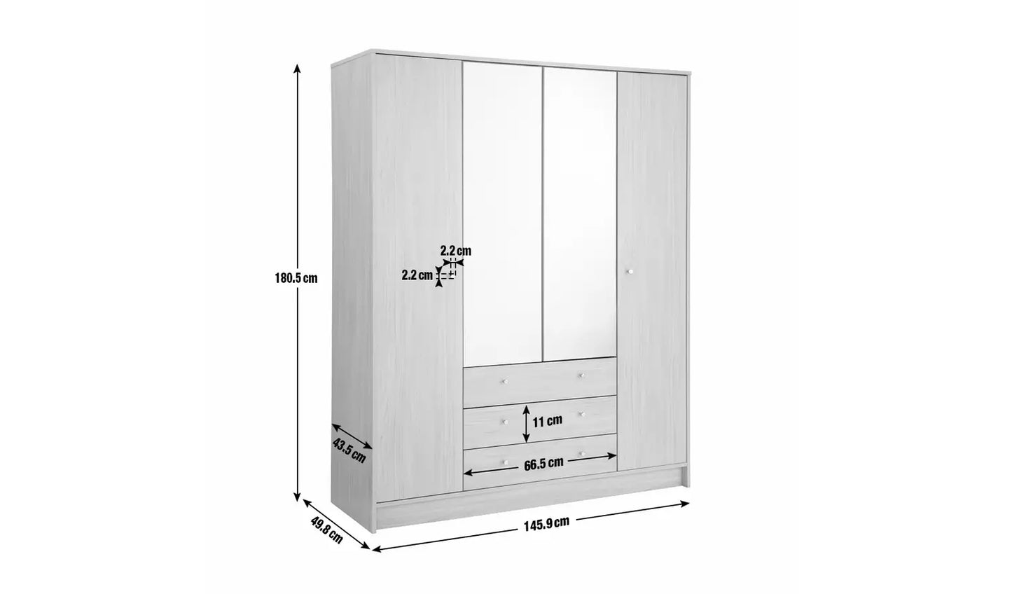 Malibu 4 Door 3 Drawer Mirror Wardrobe - Oak Effect