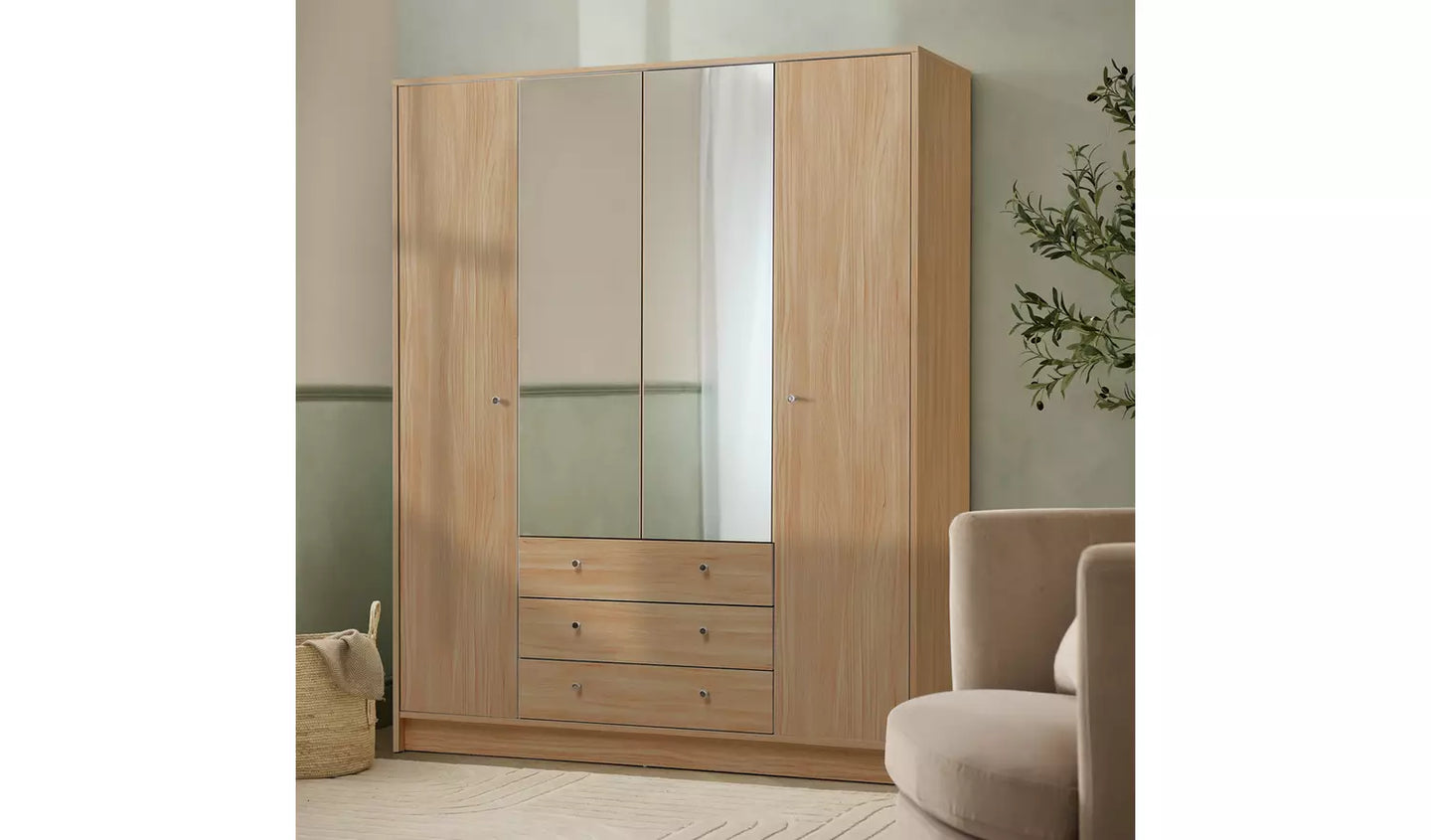 Malibu 4 Door 3 Drawer Mirror Wardrobe - Oak Effect