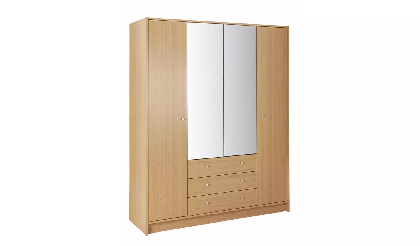Malibu 4 Door 3 Drawer Mirror Wardrobe - Oak Effect