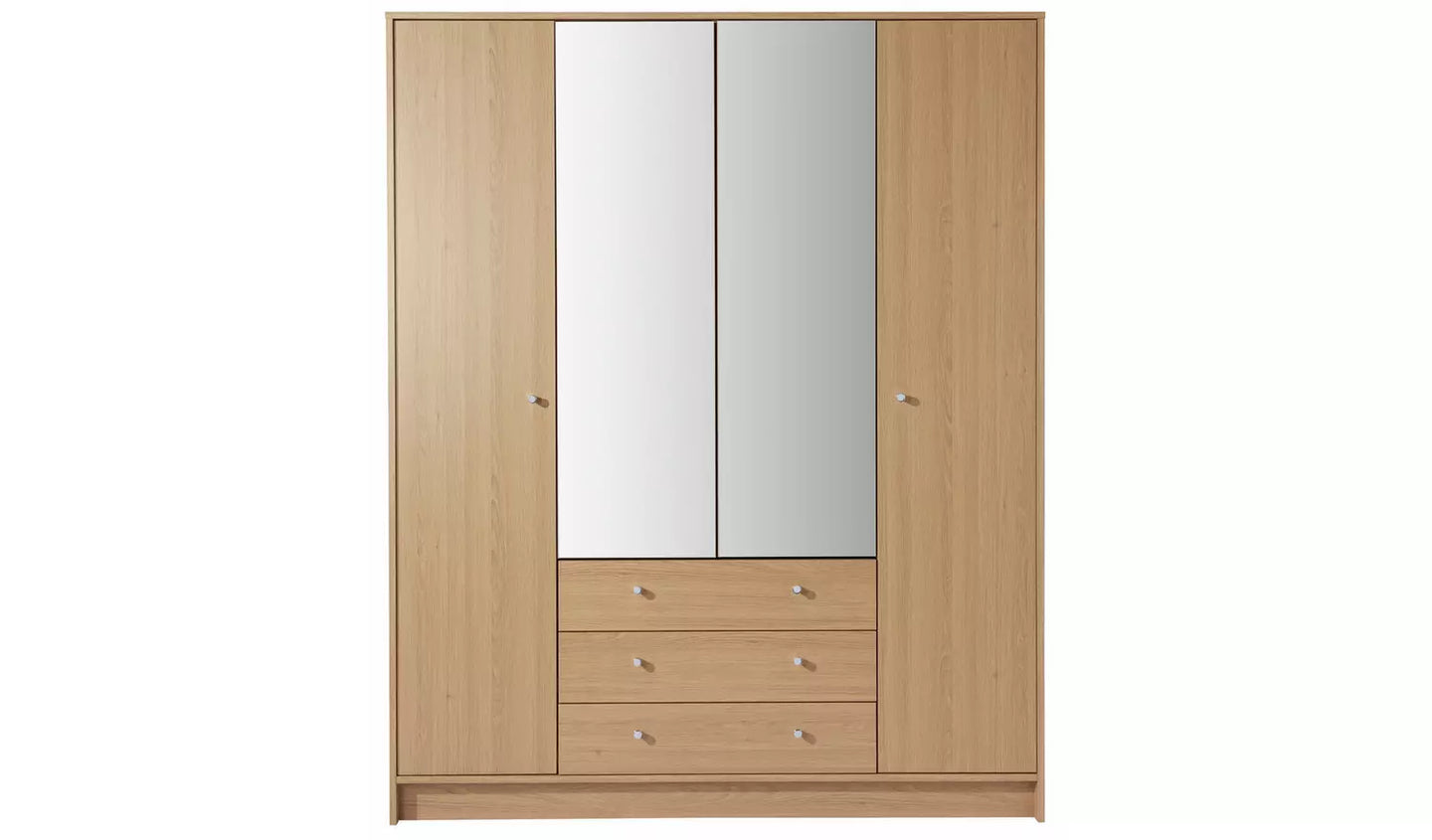 Malibu 4 Door 3 Drawer Mirror Wardrobe - Oak Effect