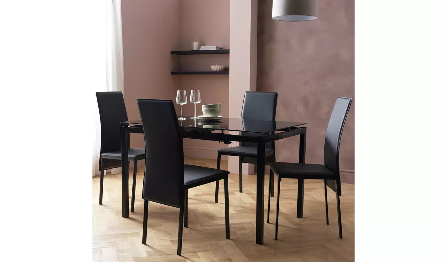 Lido Extending Black Dining Table & 4 Black Chairs