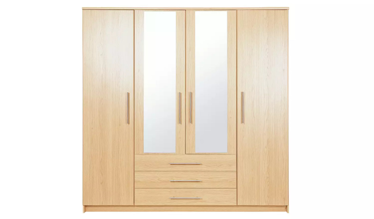 Normandy 4 Door 3 Drawer Mirror Wardrobe - Oak