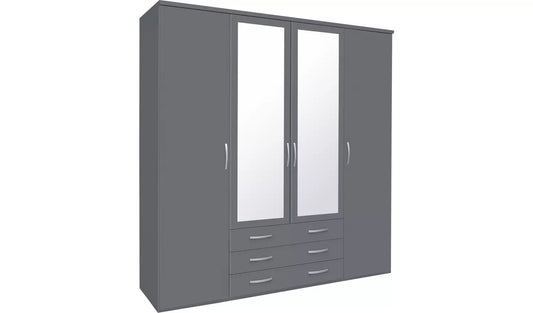 Hallingford 4 Door 3 Drawer Mirror Wardrobe - Grey