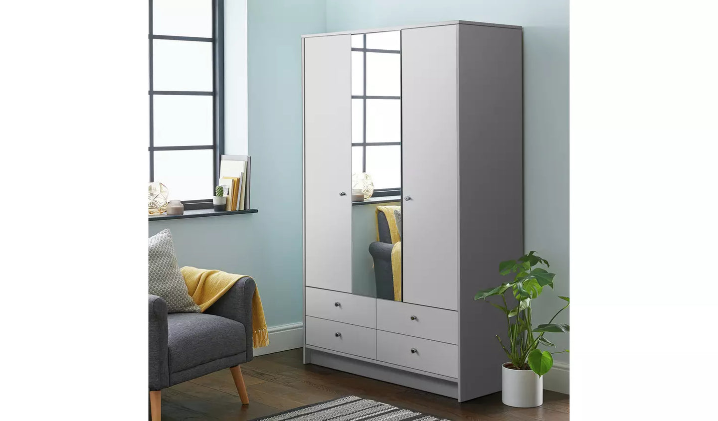 Malibu 3 Door 4 Drawer Mirror Wardrobe - Grey