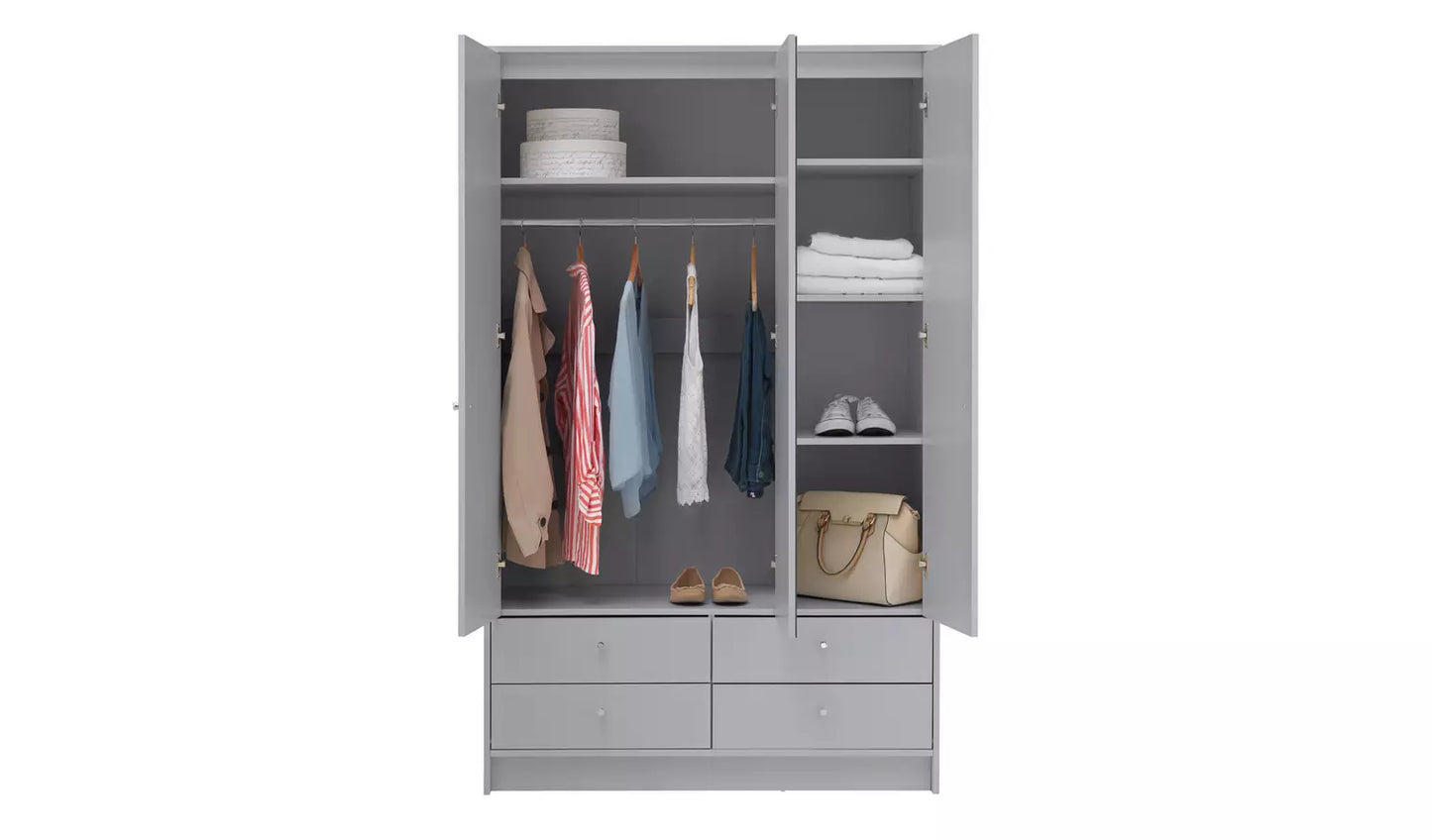 Malibu 3 Door 4 Drawer Mirror Wardrobe - Grey