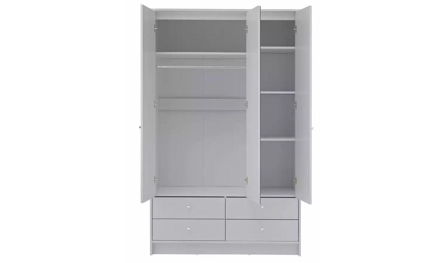 Malibu 3 Door 4 Drawer Mirror Wardrobe - Grey