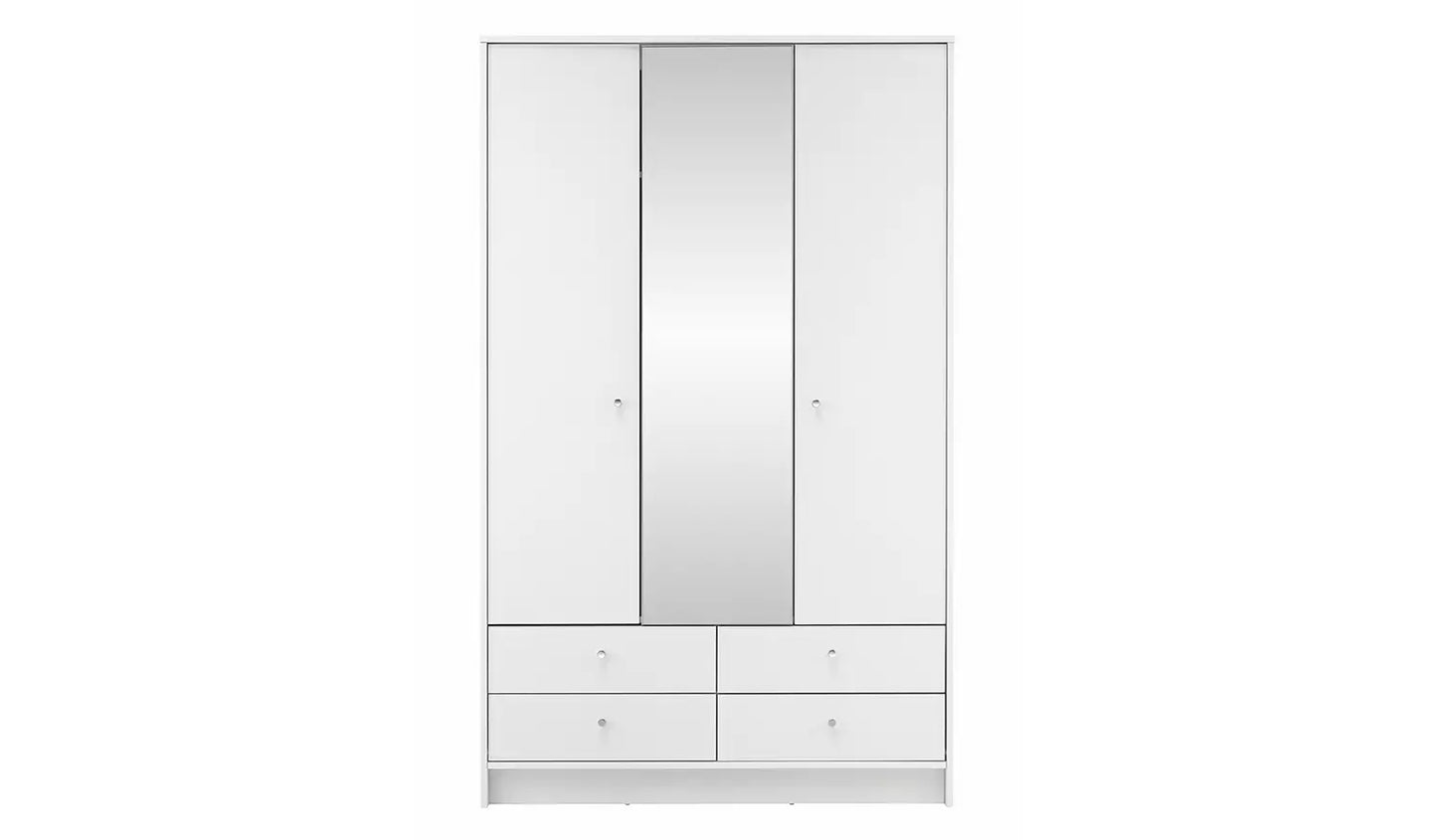 Malibu 3 Door 4 Drawer Mirror Wardrobe - White