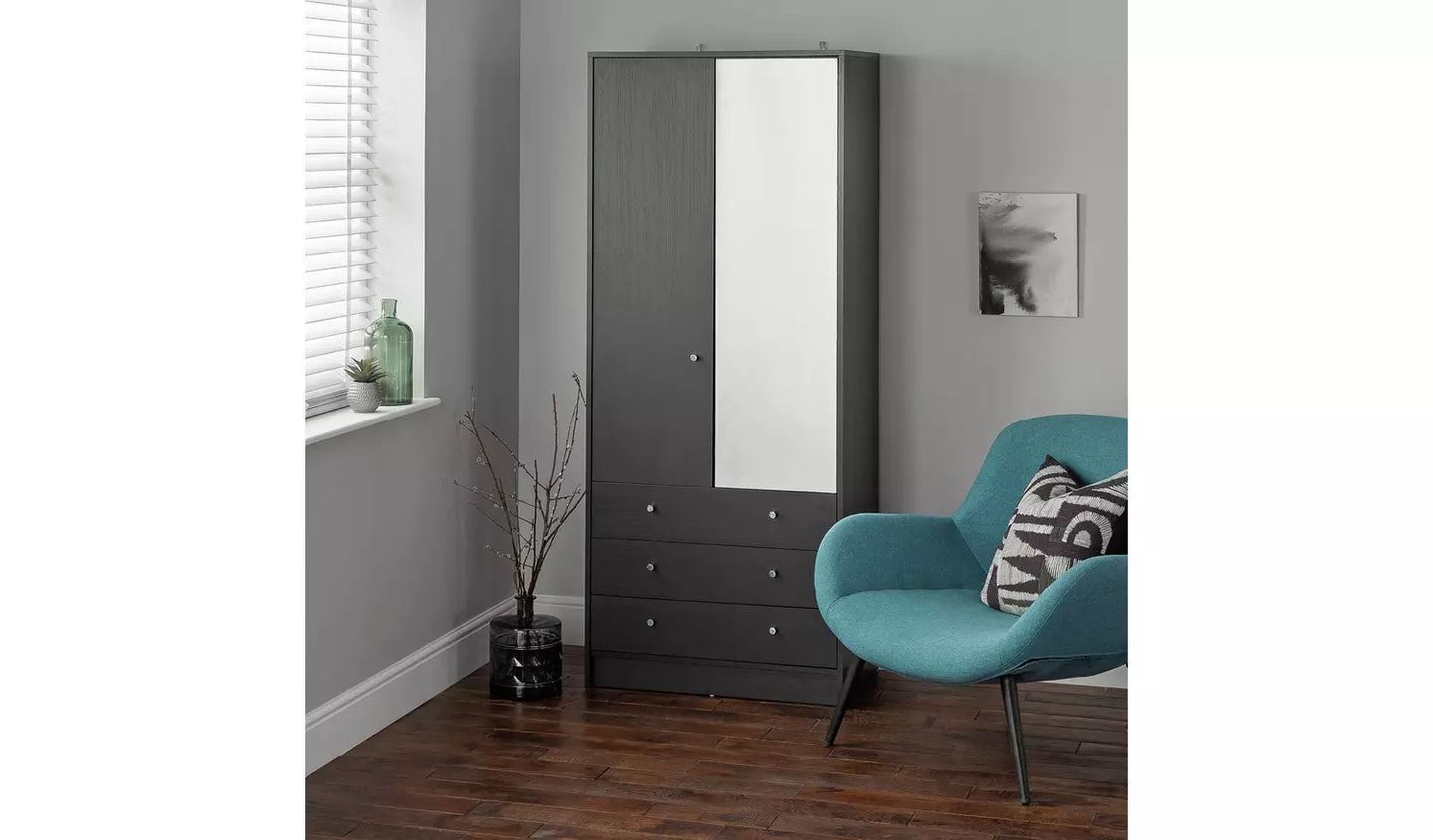 (Damage) Assembled Malibu 2 Door 3 Drawer Mirror Wardrobe - Black Oak Effect