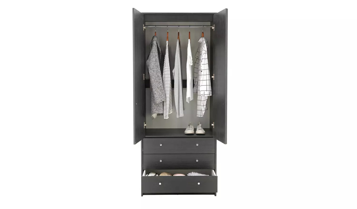 (Damage) Assembled Malibu 2 Door 3 Drawer Mirror Wardrobe - Black Oak Effect
