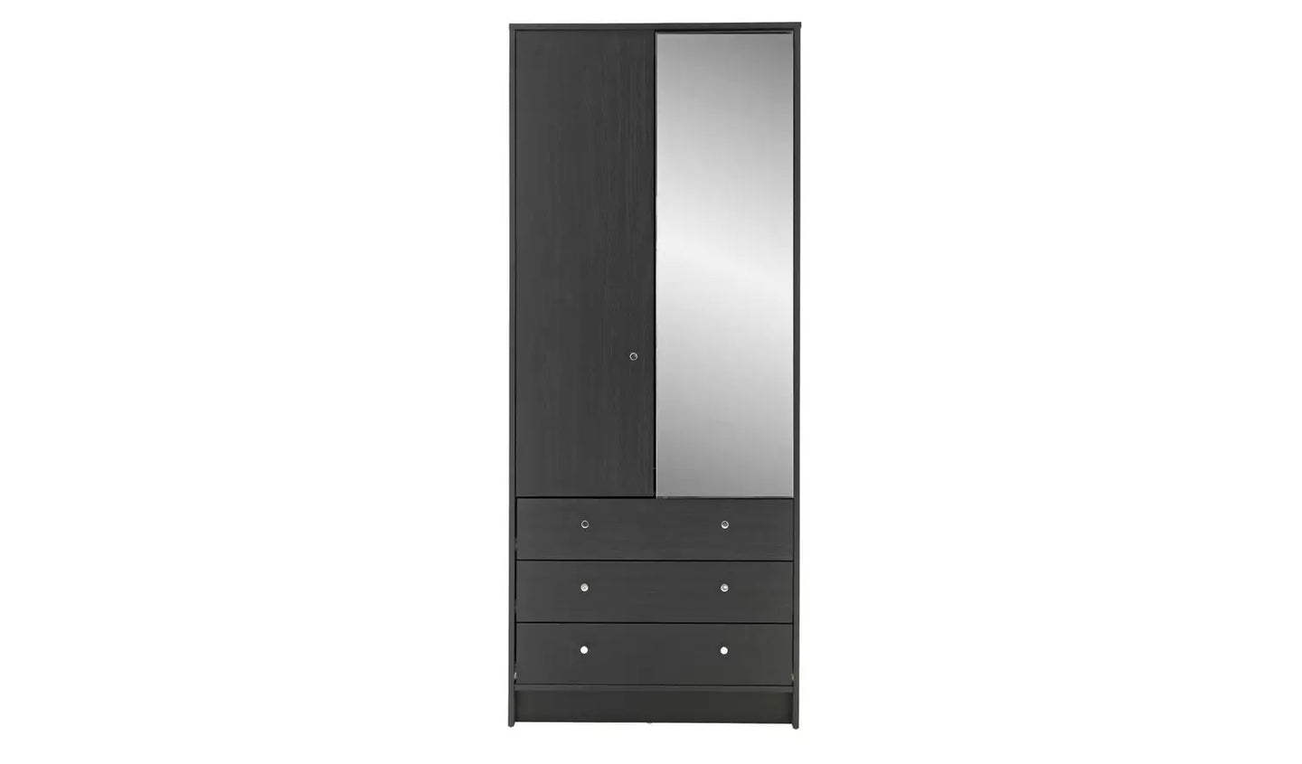 (Damage) Assembled Malibu 2 Door 3 Drawer Mirror Wardrobe - Black Oak Effect