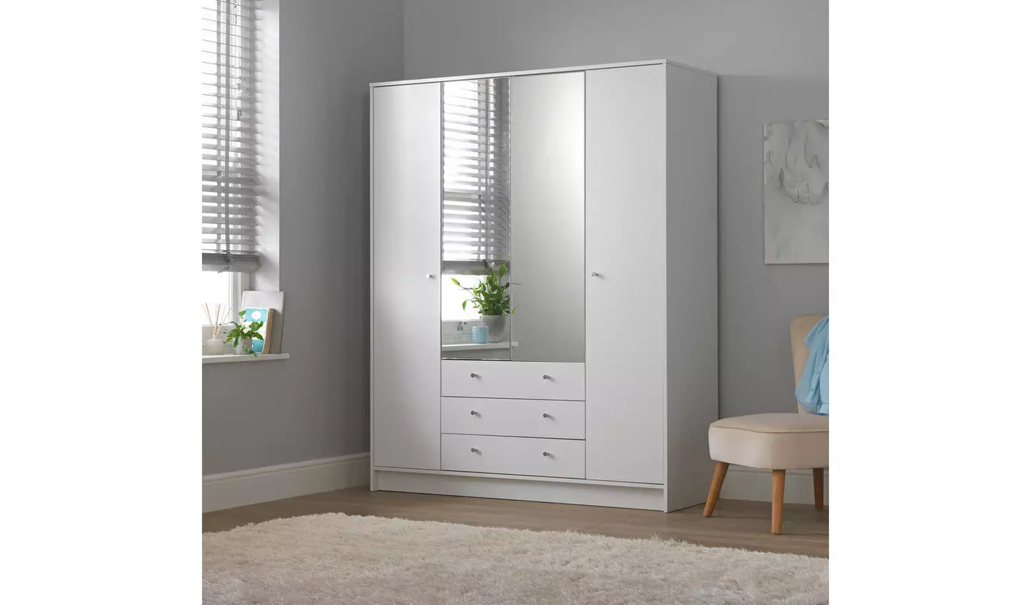 Assembled Malibu 4 Door 3 Drawer Mirror Wardrobe - White & Oak