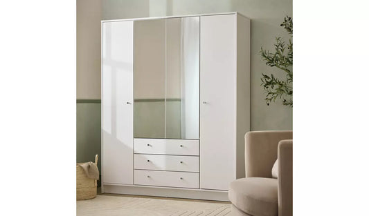 Malibu 4 Door 3 Drawer Mirror Wardrobe - White