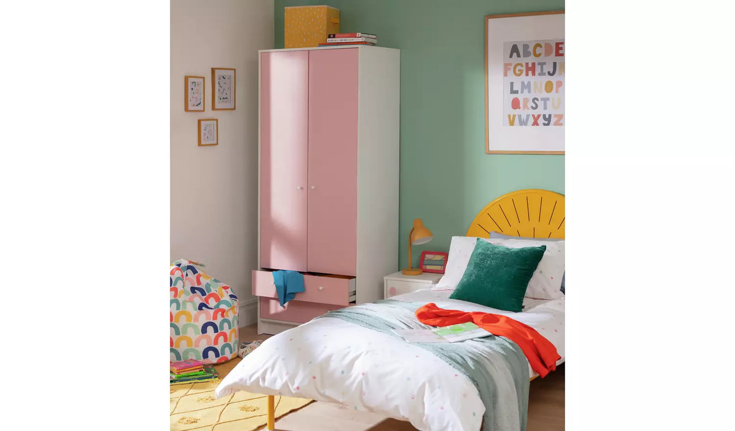 Kids Malibu 2 Door 2 Drawer Wardrobe-Pink & White