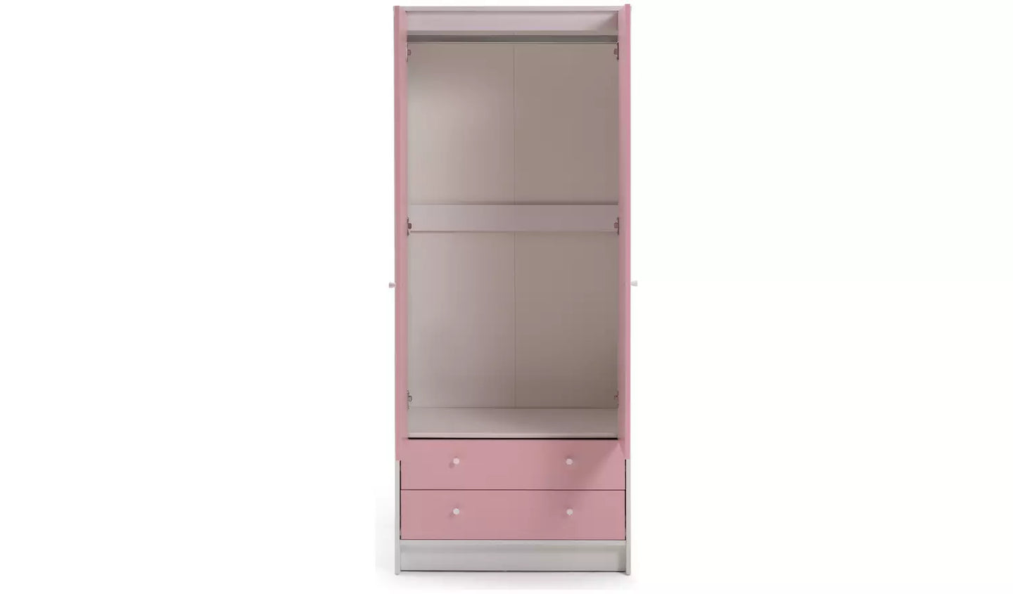 Kids Malibu 2 Door 2 Drawer Wardrobe-Pink & White