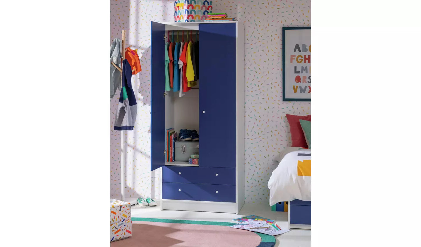 Assembled Malibu Kids 2 Door 2 Drawer Wardrobe White & Blue