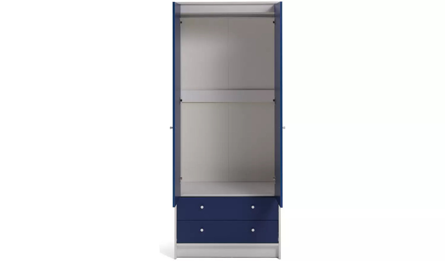 Assembled Malibu Kids 2 Door 2 Drawer Wardrobe White & Blue