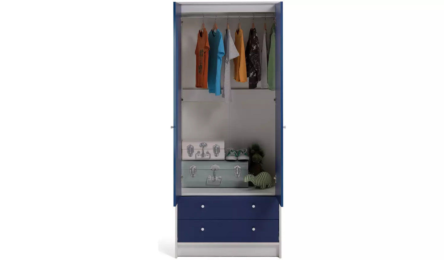 Assembled Malibu Kids 2 Door 2 Drawer Wardrobe White & Blue