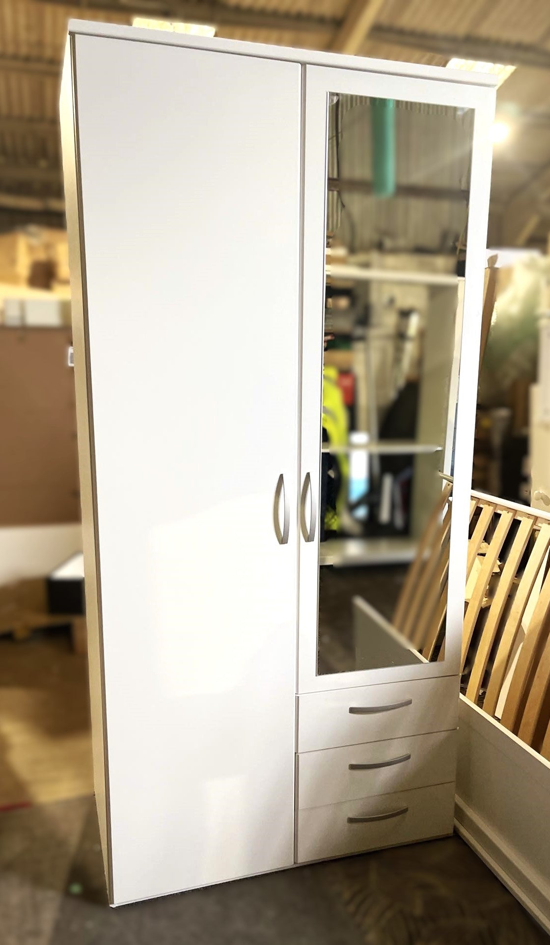 Assembled Hallingford 2 Door 3 Drawer Mirror Wardrobe - White
