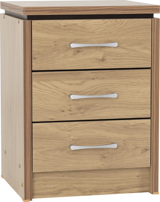 3 Drawer Bedside Chest - Oak Effect Veneer with Walnut Trim