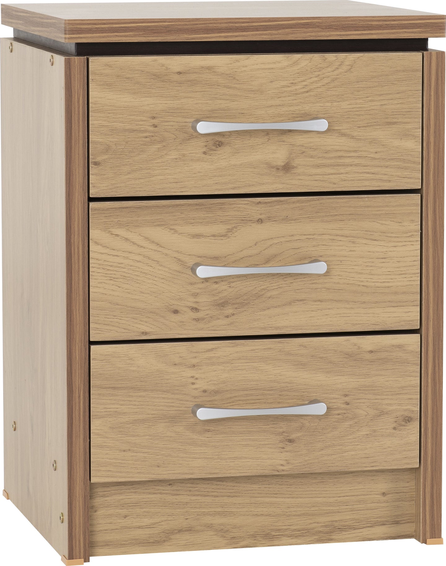 3 Drawer Bedside Chest - Oak Effect Veneer with Walnut Trim