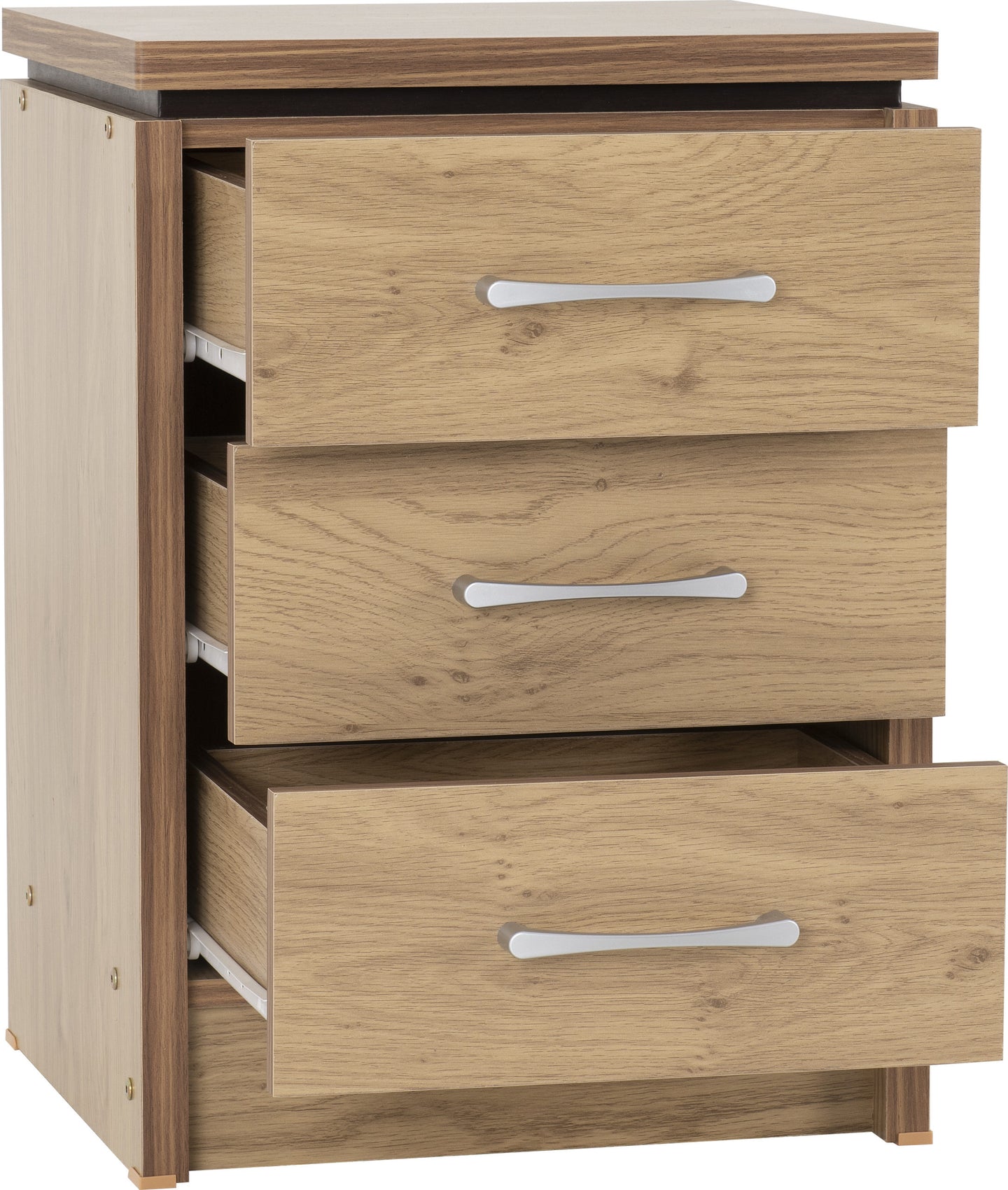 3 Drawer Bedside Chest - Oak Effect Veneer with Walnut Trim