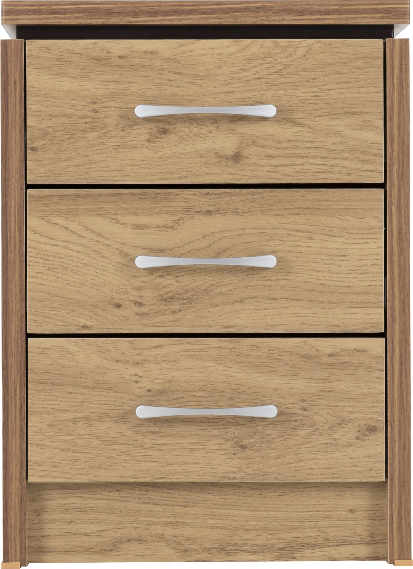 3 Drawer Bedside Chest - Oak Effect Veneer with Walnut Trim