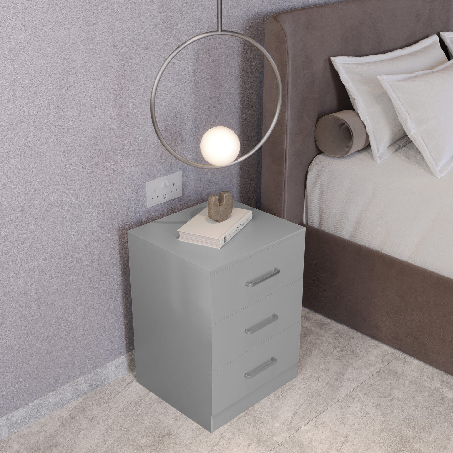 New 3 Drawer Bedside Table - Light Grey