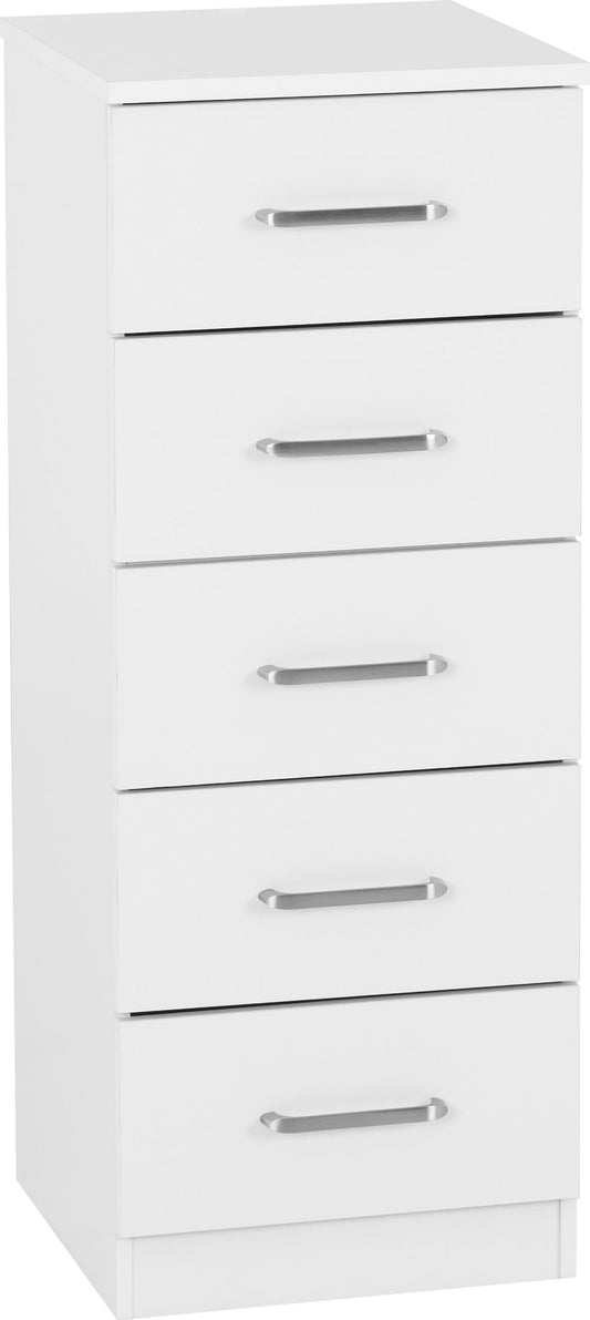 New 5 Drawer Narrow Chest - White