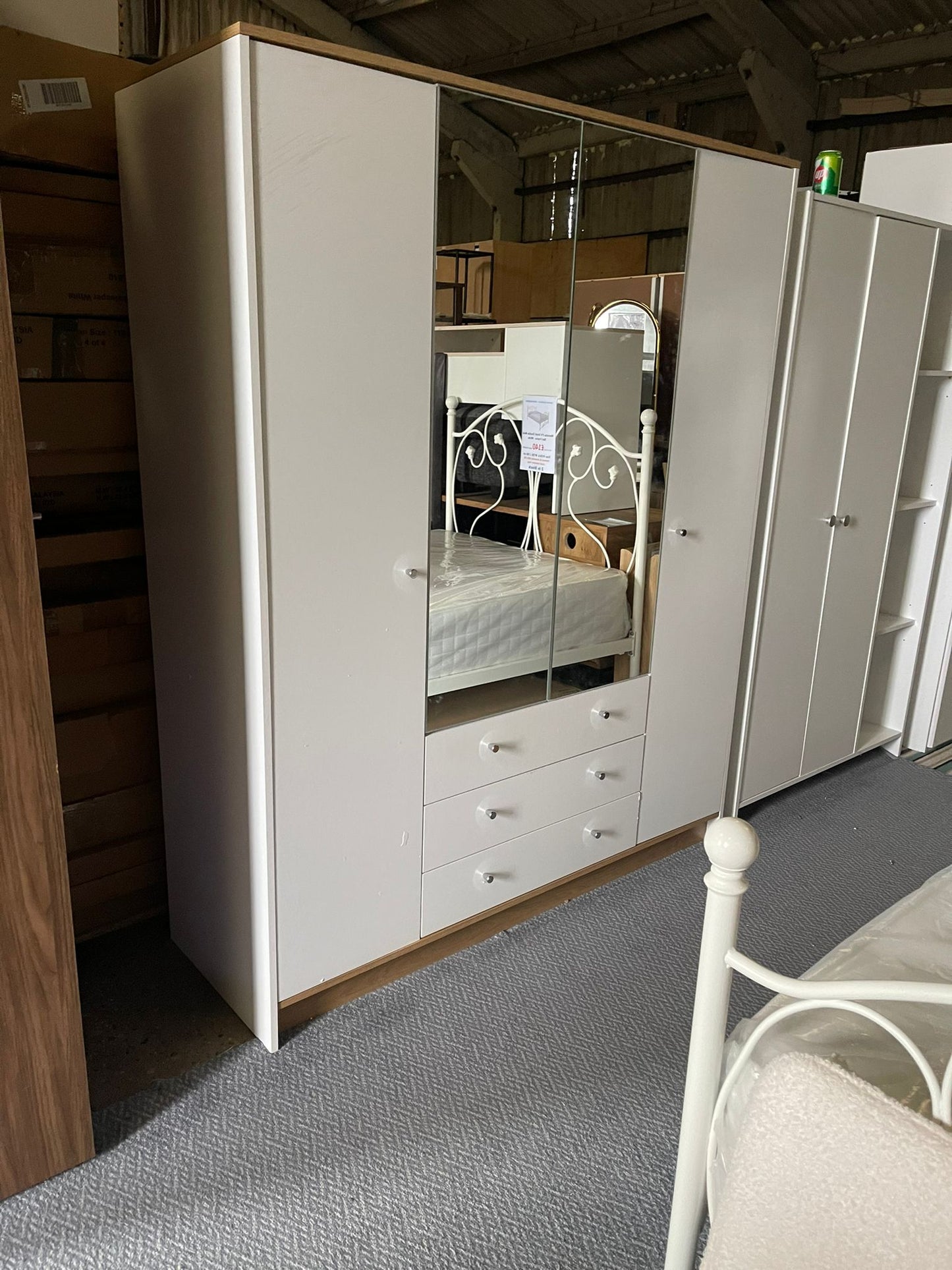 Assembled Malibu 4 Door 3 Drawer Mirror Wardrobe - White & Oak