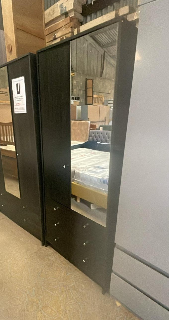 (Damage) Assembled Malibu 2 Door 3 Drawer Mirror Wardrobe - Black Oak Effect
