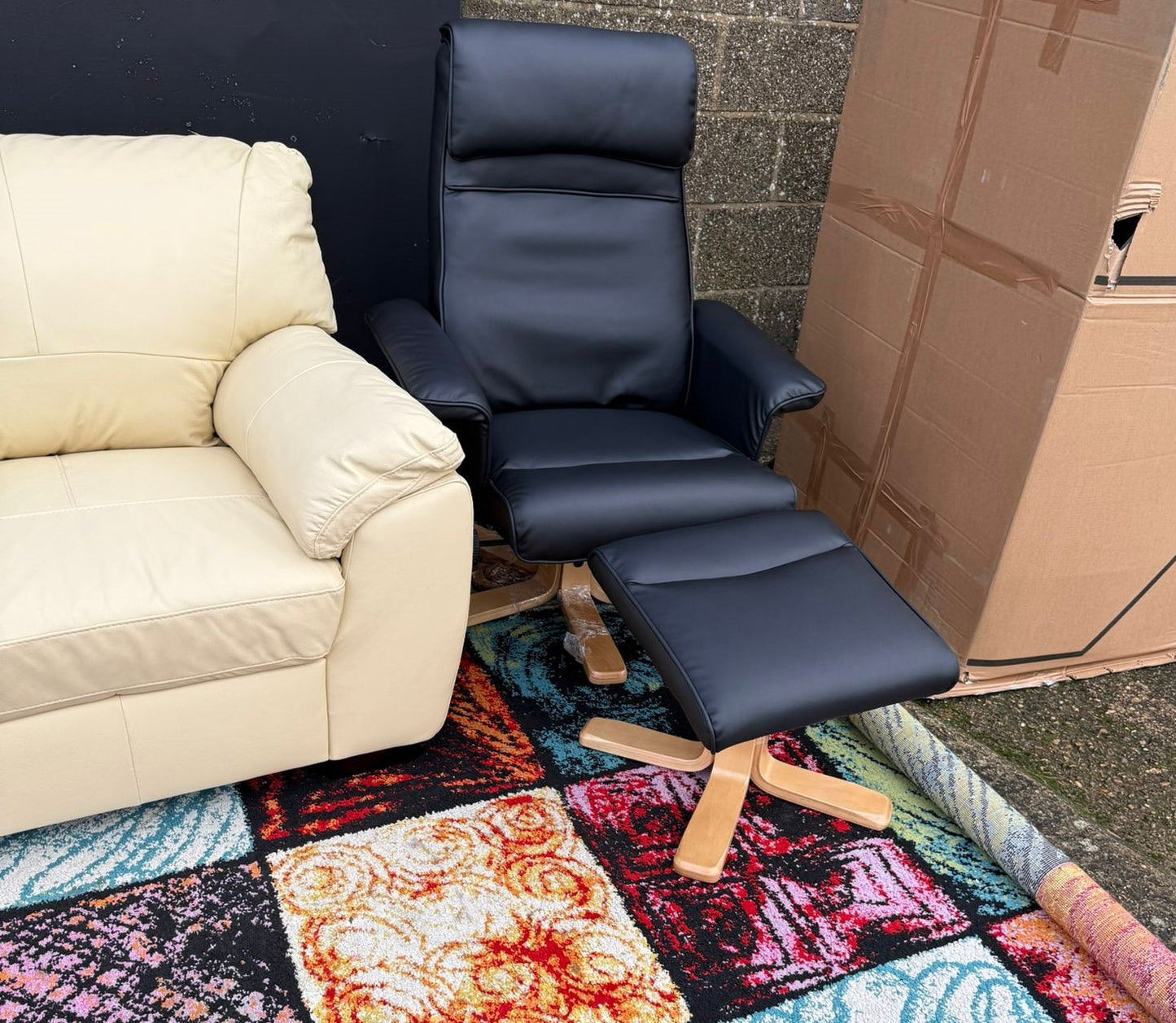 Abel Faux Leather Swivel Chair & Footstool- Black