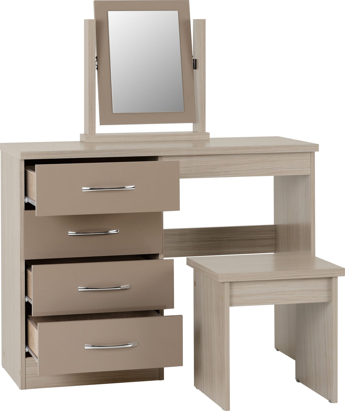 4 Drawer Dressing Table Set - Oyster Gloss/Light Oak Effect Veneer