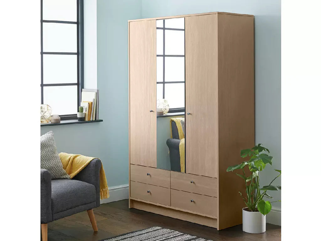 Malibu 3 Door 4 Drawer Mirror Wardrobe - Beech