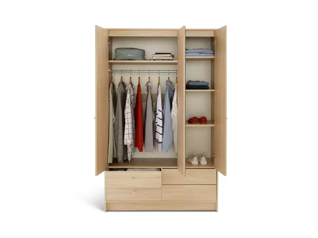 Malibu 3 Door 4 Drawer Mirror Wardrobe - Beech