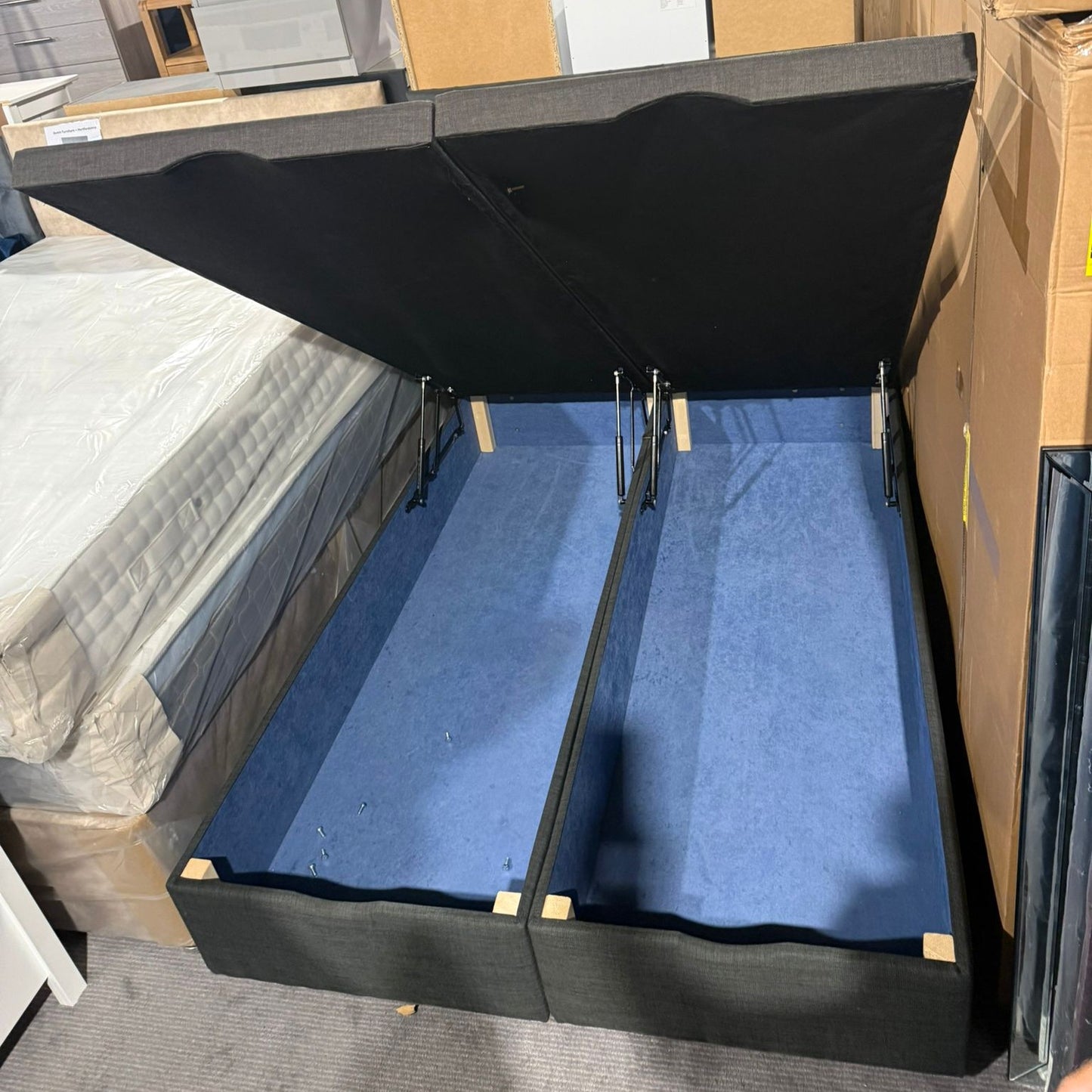 Double Divan Solid Ottoman Stoage Bed Frame - Grey Fabric EX - DISPLAY