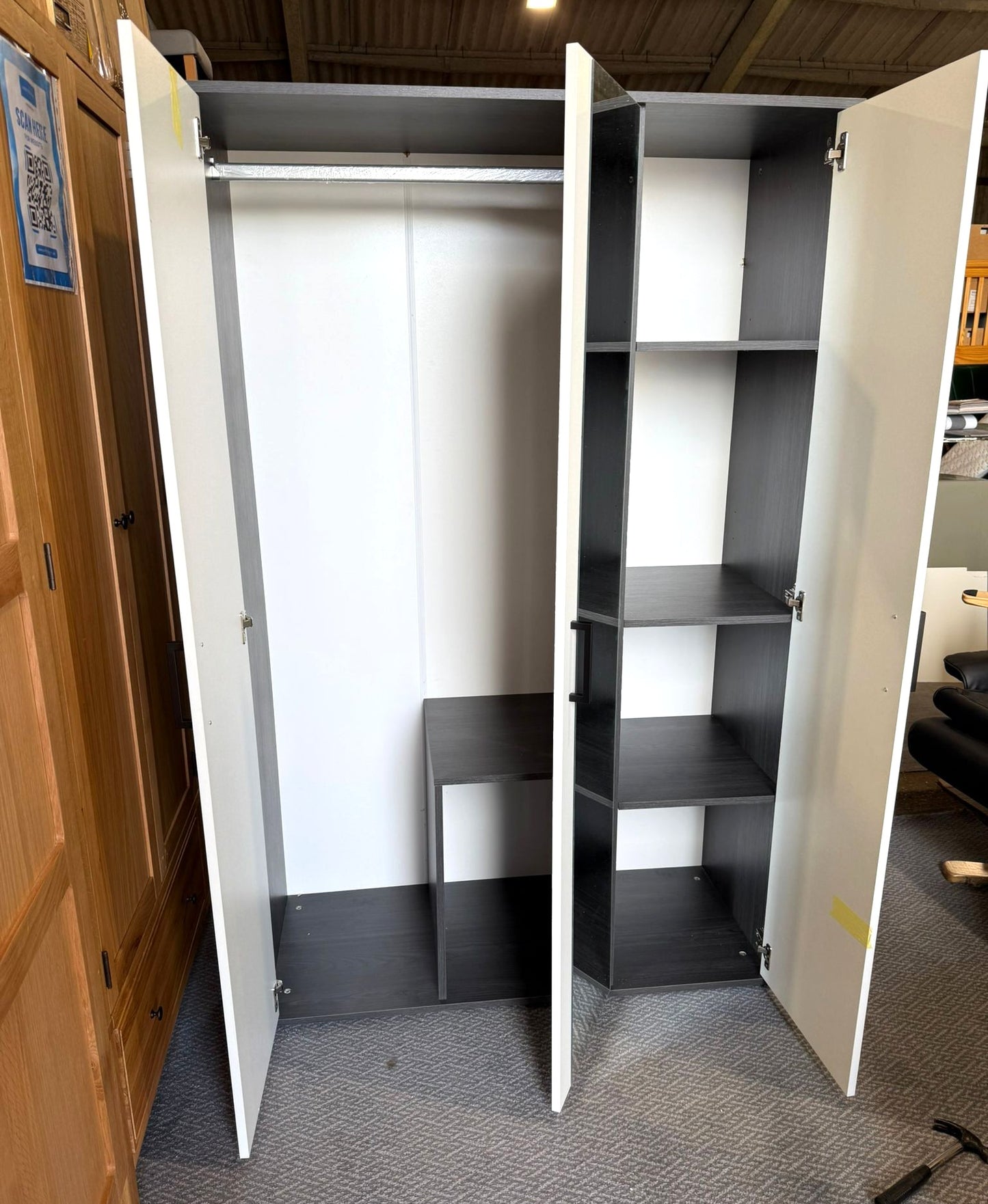 Assembled 3 Door Mirror Wardrobe - Black Oak Effect / White