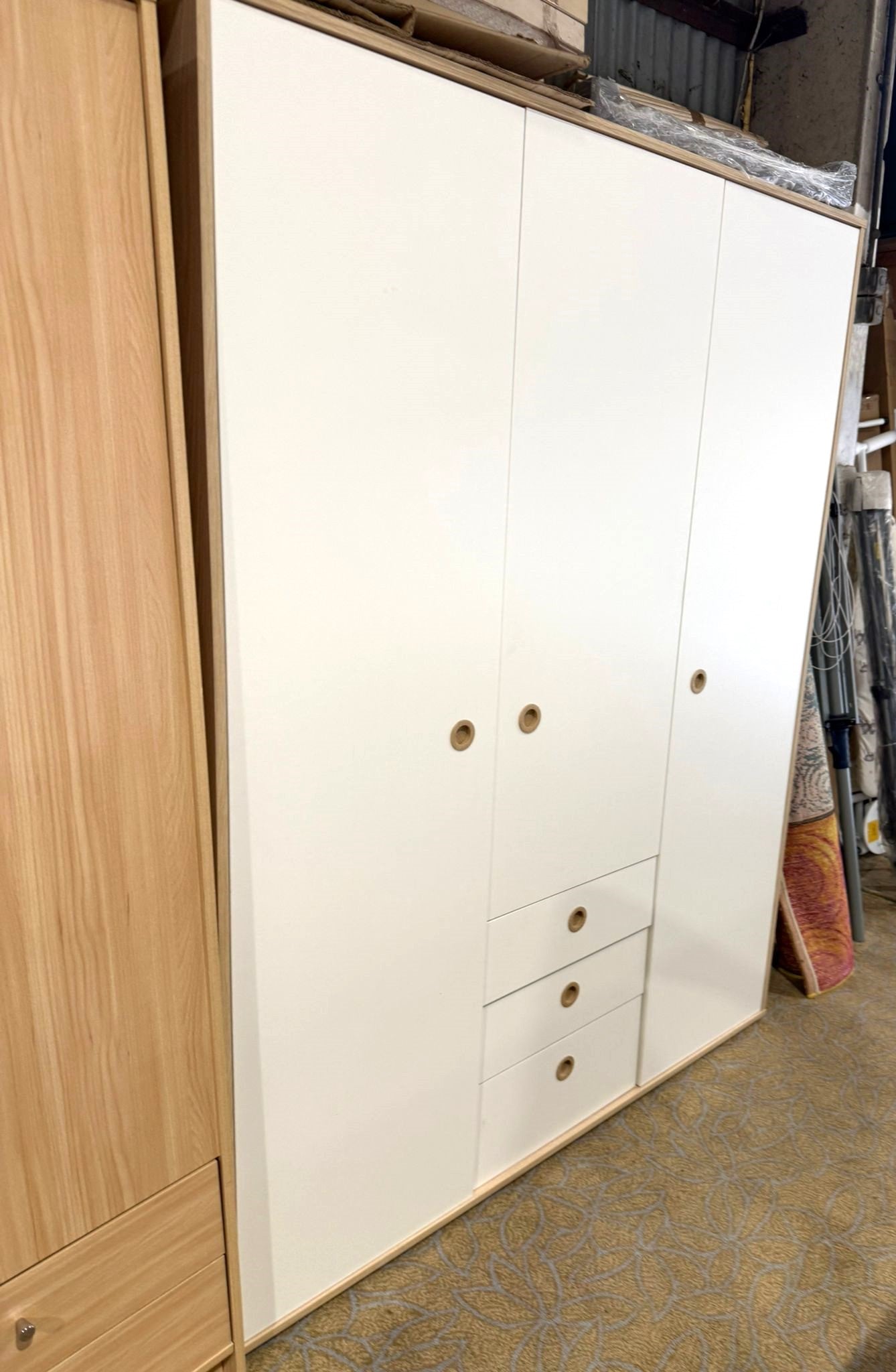 Assembled Camden 3 Door 3 Drawer Wardrobe – White & Acacia