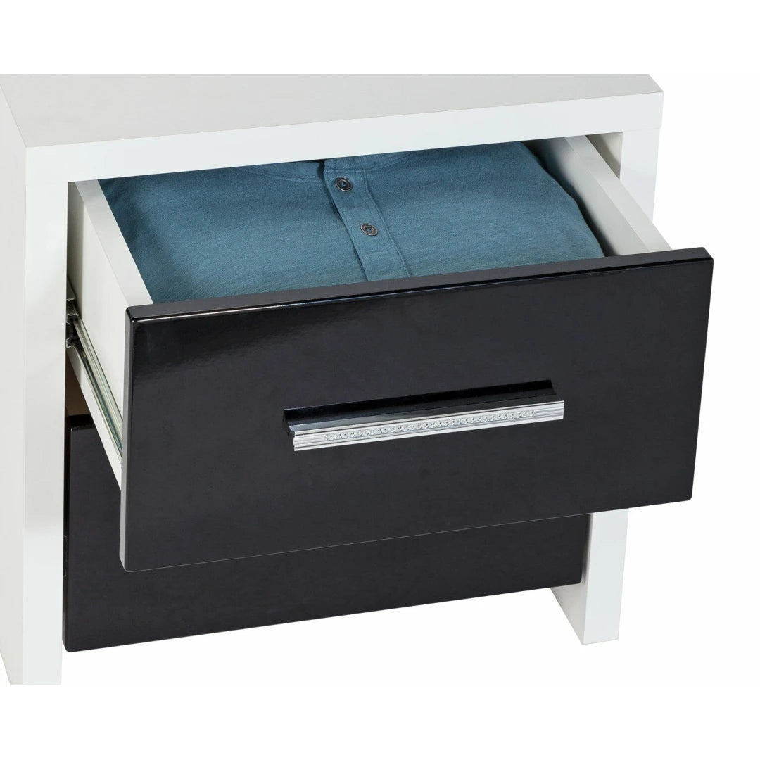 Assembled Broadway 2 Drawer Bedside Table - Black Gloss & White
